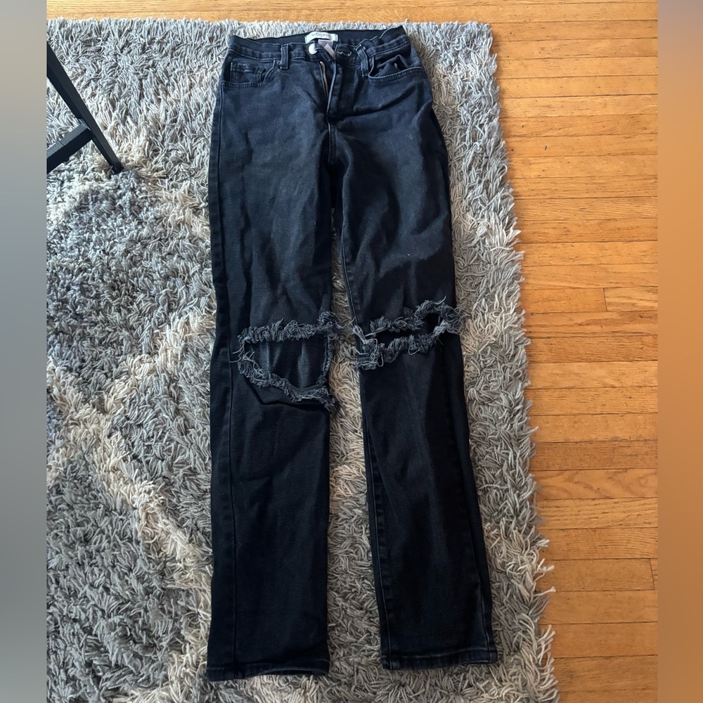 Vibrant Black Distressed Straight Leg Jeans